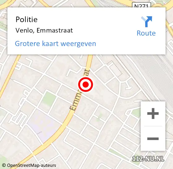 Locatie op kaart van de 112 melding: Politie Venlo, Emmastraat op 22 juni 2023 12:41