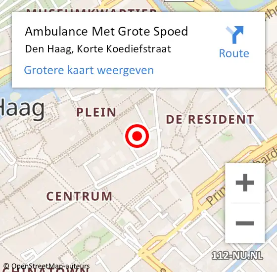 Locatie op kaart van de 112 melding: Ambulance Met Grote Spoed Naar Den Haag, Korte Koediefstraat op 22 juni 2023 12:51