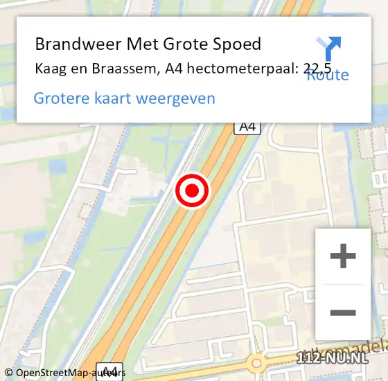 Locatie op kaart van de 112 melding: Brandweer Met Grote Spoed Naar Kaag en Braassem, A4 hectometerpaal: 22,5 op 22 juni 2023 13:17