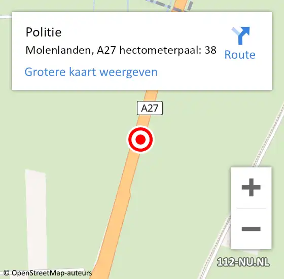 Locatie op kaart van de 112 melding: Politie Molenlanden, A27 hectometerpaal: 38 op 22 juni 2023 13:20