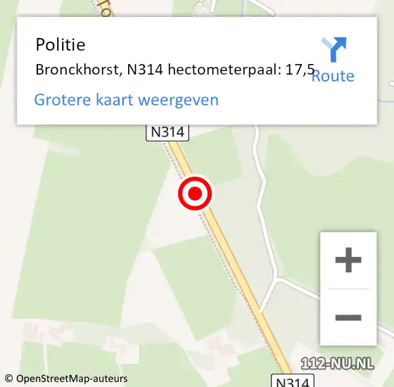 Locatie op kaart van de 112 melding: Politie Bronckhorst, N314 hectometerpaal: 17,5 op 22 juni 2023 14:29