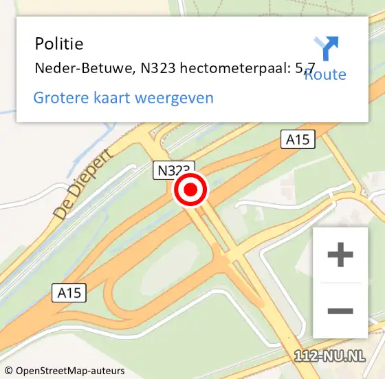 Locatie op kaart van de 112 melding: Politie Neder-Betuwe, N323 hectometerpaal: 5,7 op 22 juni 2023 14:49