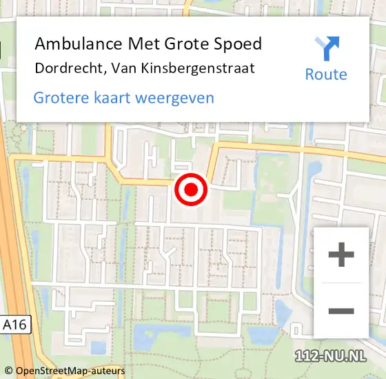 Locatie op kaart van de 112 melding: Ambulance Met Grote Spoed Naar Dordrecht, Van Kinsbergenstraat op 22 juni 2023 14:58