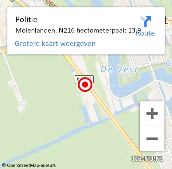 Locatie op kaart van de 112 melding: Politie Molenlanden, N216 hectometerpaal: 13,9 op 22 juni 2023 15:25