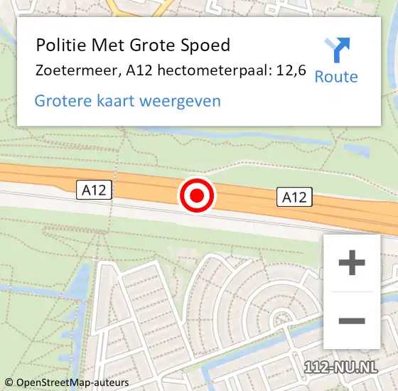 Locatie op kaart van de 112 melding: Politie Met Grote Spoed Naar Zoetermeer, A12 hectometerpaal: 12,6 op 22 juni 2023 16:34