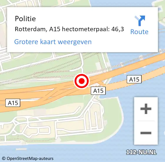 Locatie op kaart van de 112 melding: Politie Rotterdam, A15 hectometerpaal: 46,3 op 22 juni 2023 17:27