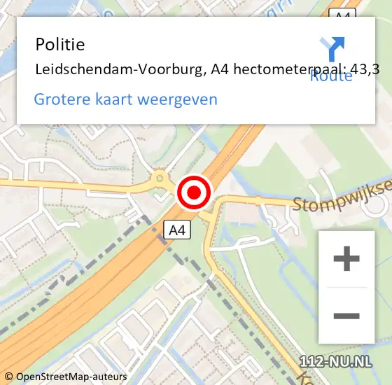 Locatie op kaart van de 112 melding: Politie Leidschendam-Voorburg, A4 hectometerpaal: 43,3 op 22 juni 2023 17:41