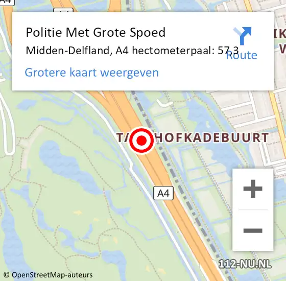 Locatie op kaart van de 112 melding: Politie Met Grote Spoed Naar Midden-Delfland, A4 hectometerpaal: 57,3 op 22 juni 2023 17:58