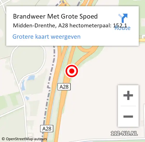 Locatie op kaart van de 112 melding: Brandweer Met Grote Spoed Naar Midden-Drenthe, A28 hectometerpaal: 152,1 op 22 juni 2023 18:12