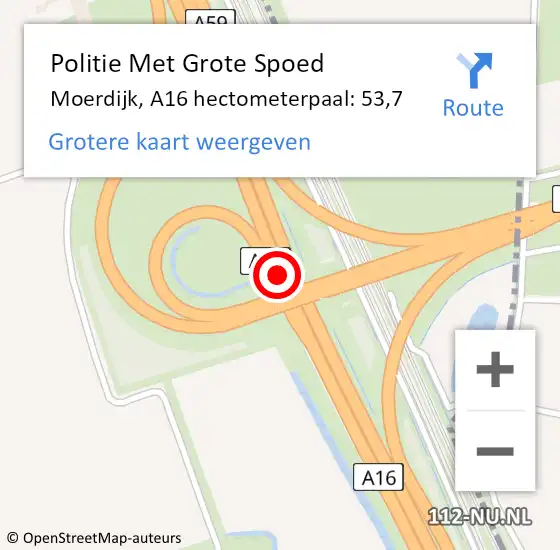 Locatie op kaart van de 112 melding: Politie Met Grote Spoed Naar Moerdijk, A16 hectometerpaal: 53,7 op 22 juni 2023 19:49