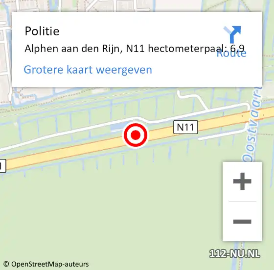 Locatie op kaart van de 112 melding: Politie Alphen aan den Rijn, N11 hectometerpaal: 6,9 op 22 juni 2023 20:21