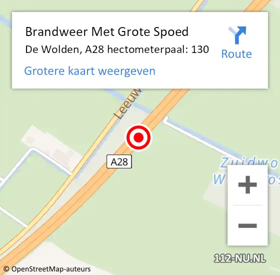 Locatie op kaart van de 112 melding: Brandweer Met Grote Spoed Naar De Wolden, A28 hectometerpaal: 130 op 22 juni 2023 21:35