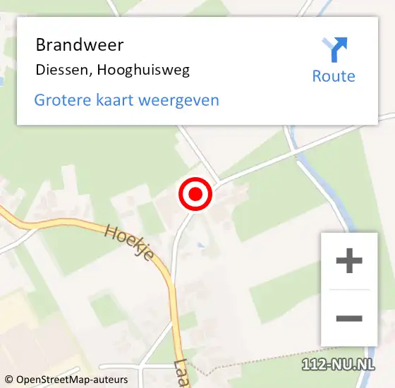 Locatie op kaart van de 112 melding: Brandweer Diessen, Hooghuisweg op 22 juni 2023 21:37