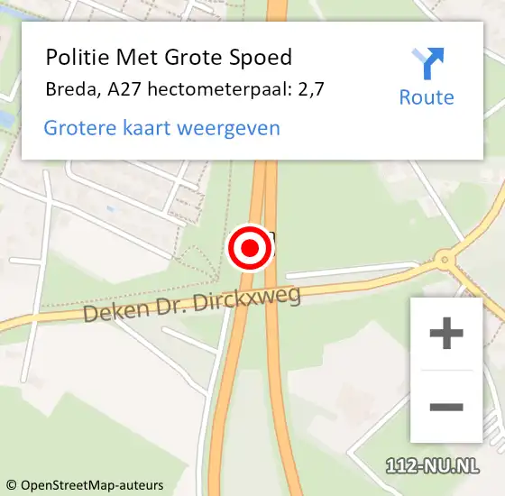 Locatie op kaart van de 112 melding: Politie Met Grote Spoed Naar Breda, A27 hectometerpaal: 2,7 op 23 juni 2023 02:05
