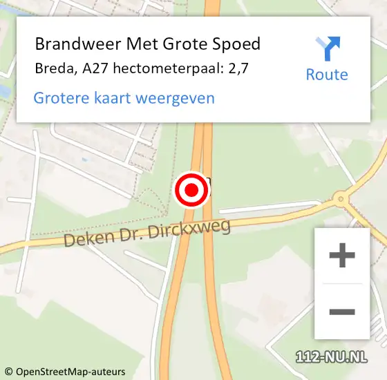 Locatie op kaart van de 112 melding: Brandweer Met Grote Spoed Naar Breda, A27 hectometerpaal: 2,7 op 23 juni 2023 02:06