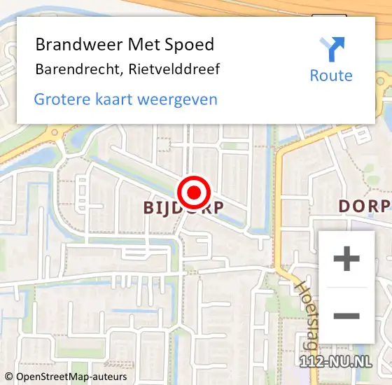 Locatie op kaart van de 112 melding: Brandweer Met Spoed Naar Barendrecht, Rietvelddreef op 23 juni 2023 07:43