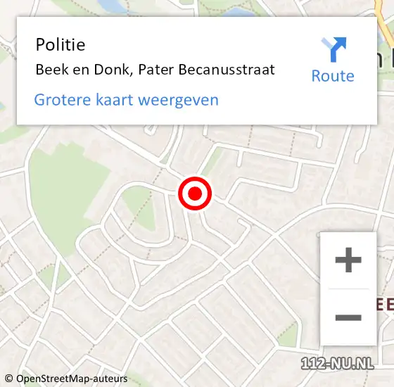 Locatie op kaart van de 112 melding: Politie Beek en Donk, Pater Becanusstraat op 23 juni 2023 08:59