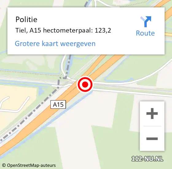 Locatie op kaart van de 112 melding: Politie Tiel, A15 hectometerpaal: 123,2 op 23 juni 2023 10:06