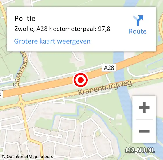 Locatie op kaart van de 112 melding: Politie Zwolle, A28 hectometerpaal: 97,8 op 23 juni 2023 11:45