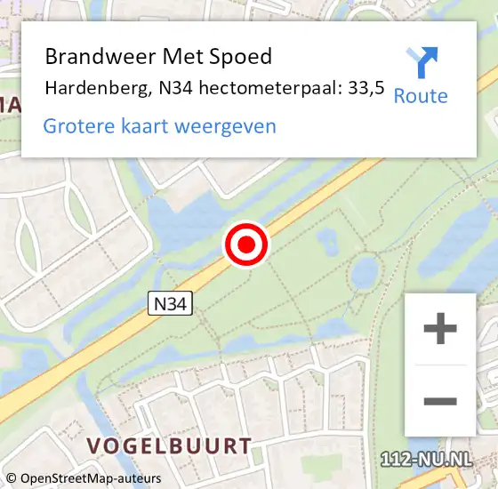 Locatie op kaart van de 112 melding: Brandweer Met Spoed Naar Hardenberg, N34 hectometerpaal: 33,5 op 23 juni 2023 13:25