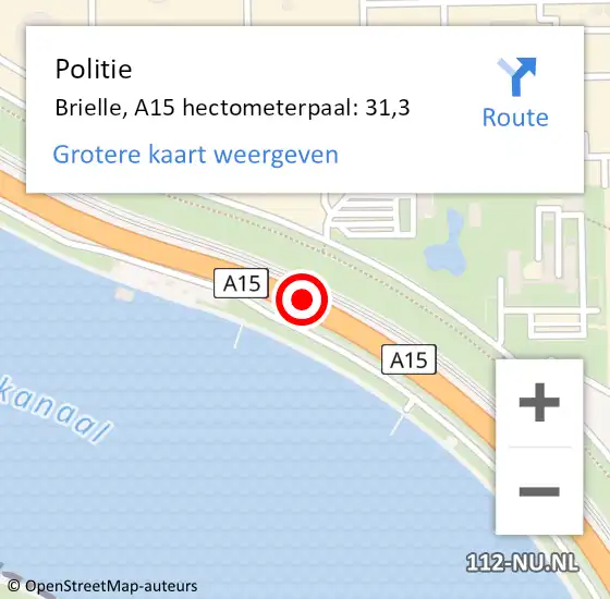 Locatie op kaart van de 112 melding: Politie Brielle, A15 hectometerpaal: 31,3 op 23 juni 2023 14:21