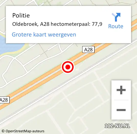 Locatie op kaart van de 112 melding: Politie Oldebroek, A28 hectometerpaal: 77,9 op 23 juni 2023 15:23