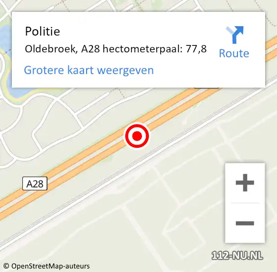 Locatie op kaart van de 112 melding: Politie Oldebroek, A28 hectometerpaal: 77,8 op 23 juni 2023 15:26