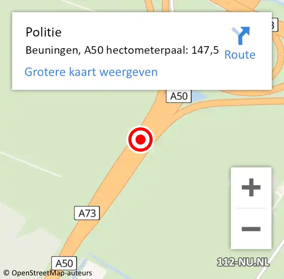 Locatie op kaart van de 112 melding: Politie Beuningen, A50 hectometerpaal: 147,5 op 23 juni 2023 15:36