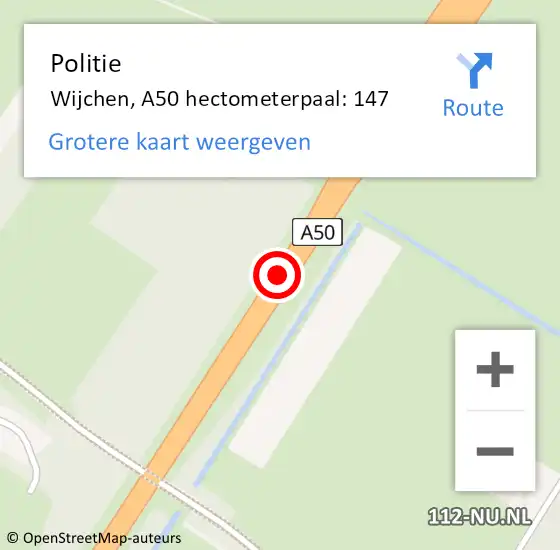 Locatie op kaart van de 112 melding: Politie Wijchen, A50 hectometerpaal: 147 op 23 juni 2023 15:36