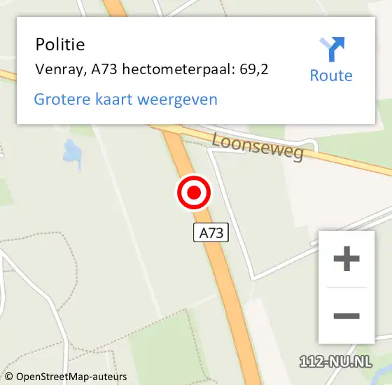 Locatie op kaart van de 112 melding: Politie Venray, A73 hectometerpaal: 69,2 op 23 juni 2023 16:00