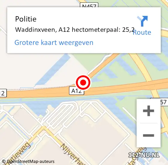 Locatie op kaart van de 112 melding: Politie Waddinxveen, A12 hectometerpaal: 25,2 op 23 juni 2023 16:53