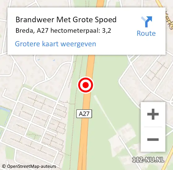 Locatie op kaart van de 112 melding: Brandweer Met Grote Spoed Naar Breda, A27 hectometerpaal: 3,2 op 23 juni 2023 18:25