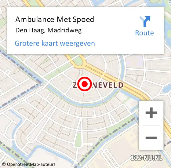 Locatie op kaart van de 112 melding: Ambulance Met Spoed Naar Den Haag, Madridweg op 23 juni 2023 19:35