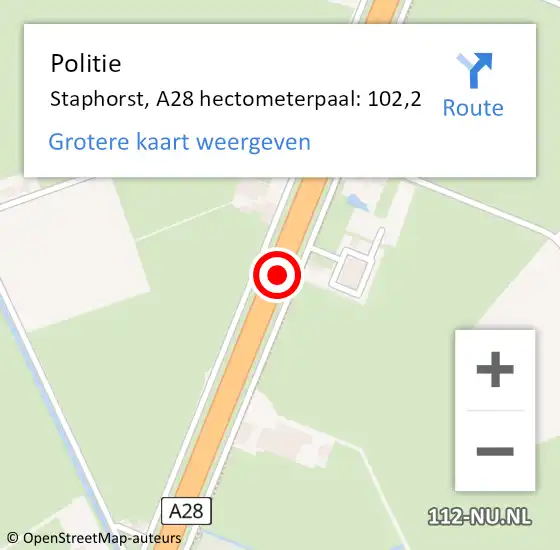 Locatie op kaart van de 112 melding: Politie Staphorst, A28 hectometerpaal: 102,2 op 23 juni 2023 19:46