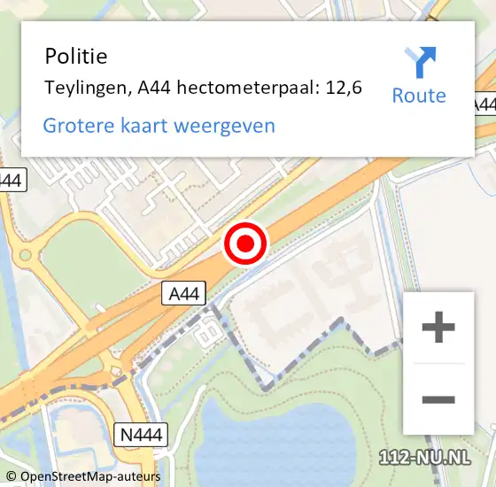 Locatie op kaart van de 112 melding: Politie Teylingen, A44 hectometerpaal: 12,6 op 23 juni 2023 22:03