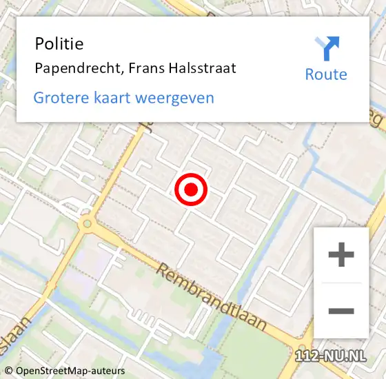 Locatie op kaart van de 112 melding: Politie Papendrecht, Frans Halsstraat op 23 juni 2023 23:14