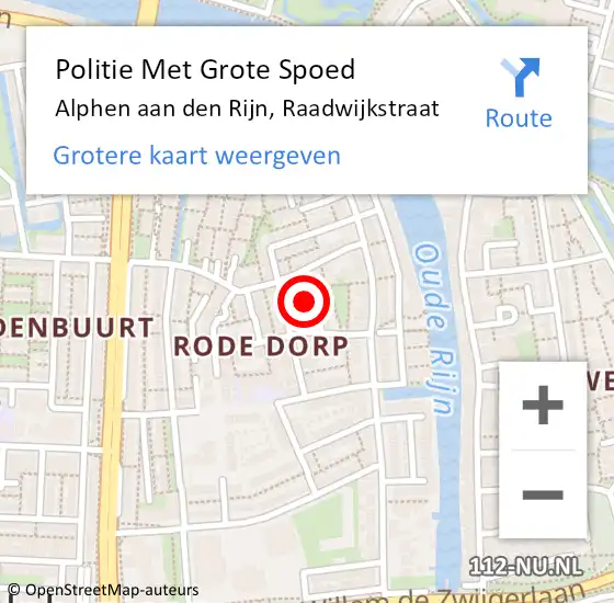 Locatie op kaart van de 112 melding: Politie Met Grote Spoed Naar Alphen aan den Rijn, Raadwijkstraat op 23 juni 2023 23:32