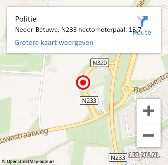 Locatie op kaart van de 112 melding: Politie Neder-Betuwe, N233 hectometerpaal: 13,7 op 24 juni 2023 06:29