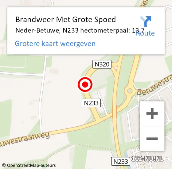 Locatie op kaart van de 112 melding: Brandweer Met Grote Spoed Naar Neder-Betuwe, N233 hectometerpaal: 13,7 op 24 juni 2023 06:29