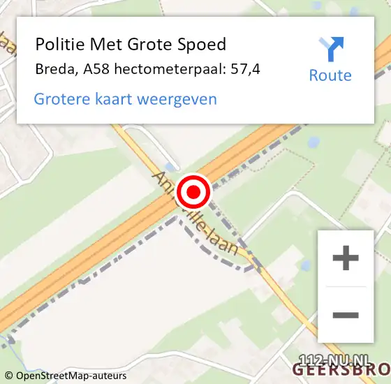 Locatie op kaart van de 112 melding: Politie Met Grote Spoed Naar Breda, A58 hectometerpaal: 57,4 op 24 juni 2023 10:01