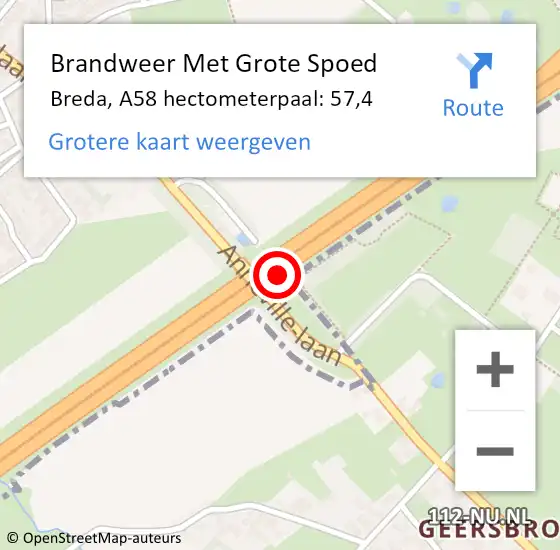 Locatie op kaart van de 112 melding: Brandweer Met Grote Spoed Naar Breda, A58 hectometerpaal: 57,4 op 24 juni 2023 10:01