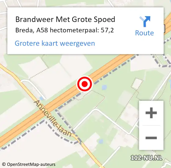 Locatie op kaart van de 112 melding: Brandweer Met Grote Spoed Naar Breda, A58 hectometerpaal: 57,2 op 24 juni 2023 10:02