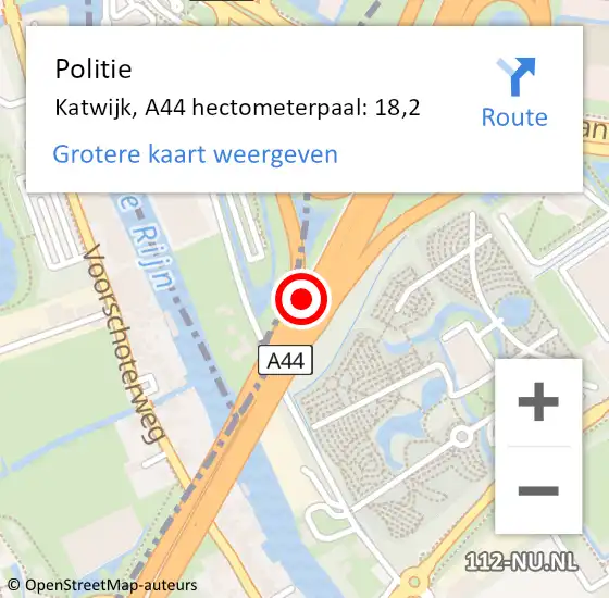 Locatie op kaart van de 112 melding: Politie Katwijk, A44 hectometerpaal: 18,2 op 24 juni 2023 10:52