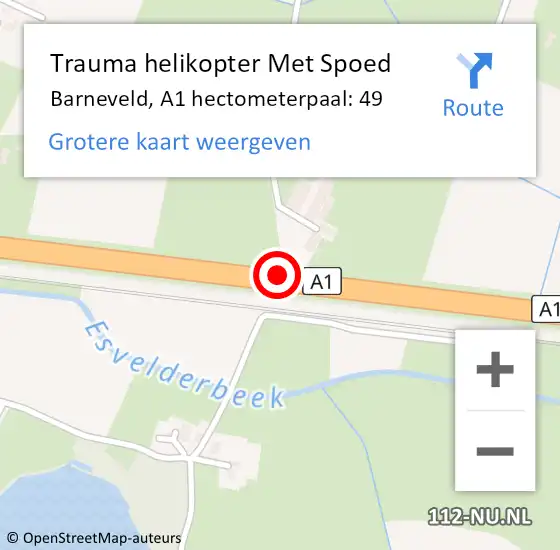 Locatie op kaart van de 112 melding: Trauma helikopter Met Spoed Naar Barneveld, A1 hectometerpaal: 49 op 24 juni 2023 10:58