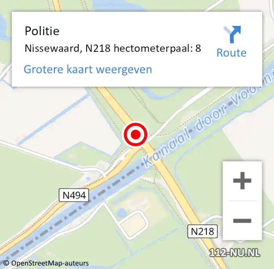 Locatie op kaart van de 112 melding: Politie Nissewaard, N218 hectometerpaal: 8 op 24 juni 2023 12:06