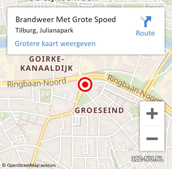 Locatie op kaart van de 112 melding: Brandweer Met Grote Spoed Naar Tilburg, Julianapark op 24 juni 2023 13:18