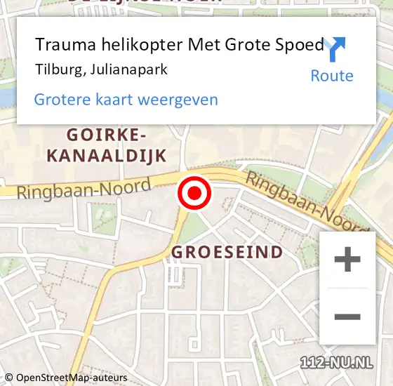 Locatie op kaart van de 112 melding: Trauma helikopter Met Grote Spoed Naar Tilburg, Julianapark op 24 juni 2023 13:27