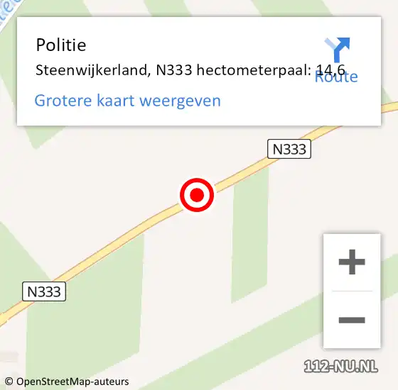 Locatie op kaart van de 112 melding: Politie Steenwijkerland, N333 hectometerpaal: 14,6 op 24 juni 2023 16:47