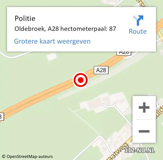 Locatie op kaart van de 112 melding: Politie Oldebroek, A28 hectometerpaal: 87 op 24 juni 2023 18:07