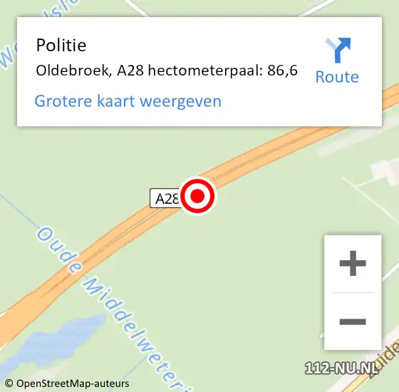 Locatie op kaart van de 112 melding: Politie Oldebroek, A28 hectometerpaal: 86,6 op 24 juni 2023 18:08